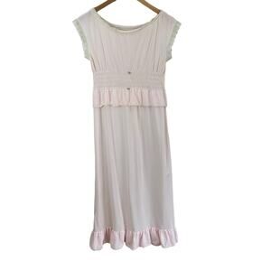Vintage Her Majesty Blush Pink Smocked Ruffle Nightgown Satin Slip Chemise